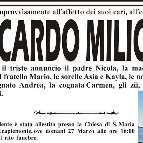 Manifesto funebre di Riccardo Milione
