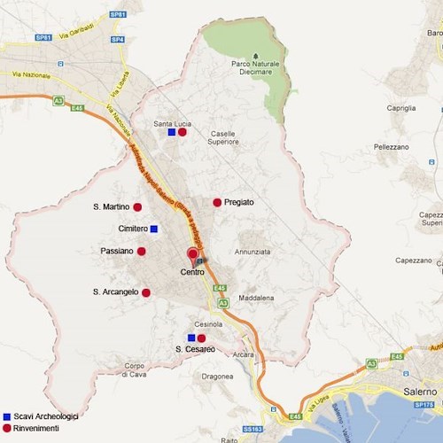 Piantina di Cava con i siti archeologici ed i rinvenimenti sporadici